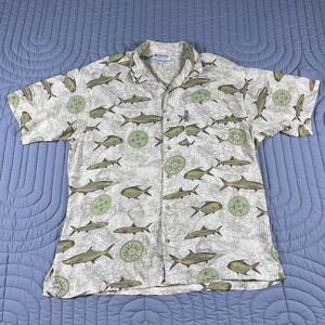 Columbia Hawaiian Shirt Mens L Beige Fish Print Rayon Button Up Beach